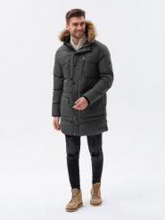 Kurtka męska parka zimowa z kieszeniami cargo - grafitowa V1 - Rozmiar: S. Szare parki męskie Ombre Clothing, na zimę, m, bez wzorów, z syntetyku, bez kaptura. W wyprzedaży za 139.99 zł.