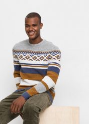 Sweter w norweski wzór. Brązowe swetry męskie bonprix, bez wzorów, bez kołnierzyka, bez ramiączek. Za 109.99 zł.