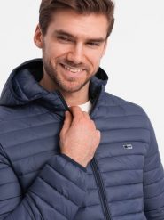 Kurtka męska pikowana pakowana w worek - granatowa V1 - Rozmiar: S. Niebieskie kurtki męskie Ombre Clothing, m, bez wzorów, z materiału, bez ramiączek. Za 289.99 zł.