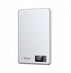 BWOO ultracienki power bank magnetyczny P75 PD 20W 5000 mAh w aluminiowej obudowie z wyświetlaczem i portem USB-C srebrny. Szare powerbanki Wekome. Za 49.95 zł.