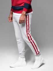 Męskie spodnie dresowe z lampasami i ściągaczami na nogawkach szary melanż V1 OM-PASK-0258 XXL. Szare długie spodnie sportowe męskie Ombre, bez wzorów, z dresówki. Za 302.57 zł.