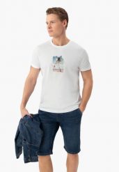 T-shirt z wakacyjnym printem T-CHILMOON. Białe t-shirty męskie Volcano, l, bez wzorów, z bawełny, bez kołnierzyka, bez ramiączek. Za 59.99 zł.