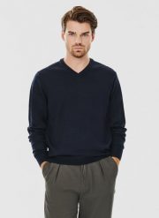 PAKO LORENTE – Granatowy męski sweter w serek. Niebieskie swetry męskie Pako Lorente, bez wzorów, z wełny, bez kołnierzyka, bez ramiączek. Za 169.99 zł.