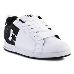 Buty do chodzenia męskie DC Court Graffik Skate. Białe buty zimowe męskie DC Shoes, bez wzorów, ze skóry, sportowe, bez obcasa, bez zapięcia. Za 369.99 zł.