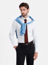 Bawełniana koszula męska w mikro wzór REGULAR FIT - biała V1 OM-SHCS-0152 - XXL. Białe koszule męskie Ombre Clothing, l, bez wzorów, z bawełny, bez kołnierzyka, bez ramiączek. W wyprzedaży za 69.99 zł.