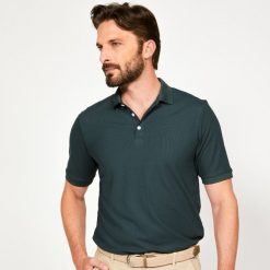 Koszulka polo do golfa z krótkim rękawem męska Inesis WW500. Zielone koszulki polo męskie INESIS, l, bez wzorów, z materiału, sportowe, bez kołnierzyka, bez ramiączek. Za 79.99 zł.