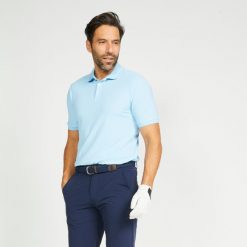 Koszulka polo do golfa z krótkim rękawem męska Inesis WW500. Niebieskie koszulki polo męskie INESIS, l, bez wzorów, z materiału, sportowe, bez kołnierzyka, bez ramiączek. Za 79.99 zł.
