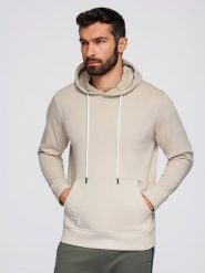 Męska bluza dresowa BASIC kangurka z kapturem - jasnobeżowa V1 B1674 S. Brązowe bluzy nierozpinane męskie Ombre, m, bez wzorów, z dresówki, z kapturem. Za 236.00 zł.