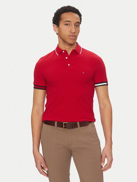 Tommy Hilfiger Polo Flag Cuff MW0MW38458 Czerwony Slim Fit. Czerwone koszulki polo męskie Tommy Hilfiger, m, bez wzorów, z bawełny, bez kołnierzyka, bez ramiączek. Za 219.99 zł.