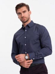 Męska koszula bawełniana we wzory SLIM FIT - ciemnoniebieska V1. Niebieskie koszule męskie Ombre Clothing, l, bez wzorów, z bawełny, bez kołnierzyka, bez ramiączek. W wyprzedaży za 79.99 zł.