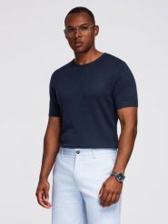 Męska klasyczna dzianinowa koszulka ze ściągaczami– granatowa V1 OM-TSCT-0252 - XXL. Czarne t-shirty męskie Ombre Clothing, l, bez wzorów, z dzianiny, bez kołnierzyka, bez ramiączek. Za 95.99 zł.