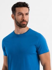 Męski klasyczny bawełniany T-shirt BASIC - niebieski V12 OM-TSBS-0236 - XXL. Niebieskie t-shirty męskie Ombre Clothing, l, bez wzorów, z bawełny, bez kołnierzyka, bez ramiączek. W wyprzedaży za 39.99 zł.