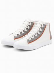 Męskie buty trampki z kontrastującymi elementami - białe V1 - Rozmiar: 41. Białe trampki męskie Ombre Clothing, bez wzorów, z gumy, przed kolano, bez zapięcia. W wyprzedaży za 89.99 zł.