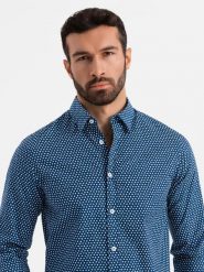 Męska koszula w drobny wzór SLIM FIT - granatowa V1 - Rozmiar: S. Niebieskie koszule męskie Ombre Clothing, l, bez wzorów, z bawełny, bez kołnierzyka, bez ramiączek. W wyprzedaży za 69.99 zł.