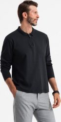 Męski longsleeve z zapinanym na zamek kołnierzykiem polo czarny V8 OM-POLS-0130 L. Czarne koszulki polo męskie Ombre, l, bez wzorów, bez kołnierzyka, bez ramiączek. Za 240.55 zł.