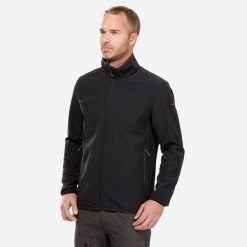 Kurtka softshell turystyczna męska Quechua MT100. Czarne kurtki męskie FORCLAZ, l, bez wzorów, z polaru, sportowe, bez ramiączek, bez kaptura. Za 199.99 zł.