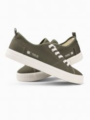 Klasyczne męskie trampki niskie BASIC - oliwkowe V3 - Rozmiar: 40. Zielone trampki męskie Ombre Clothing, bez wzorów, z gumy, klasyczne, bez zapięcia. W wyprzedaży za 69.99 zł.