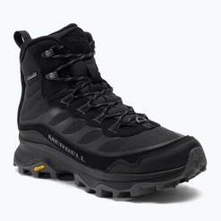 Buty turystyczne męskie Merrell Moab Speed Thermo Mid WP. Czarne buty trekkingowe męskie Merrell, bez wzorów, sportowe, bez obcasa, bez zapięcia. Za 629.99 zł.