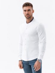 Koszula męska dzianinowa z długim rękawem - biała V1 - Rozmiar: XXL. Białe koszule męskie Ombre Clothing, m, bez wzorów, z dzianiny, bez kołnierzyka, bez ramiączek. W wyprzedaży za 39.99 zł.