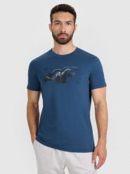 4F T-shirt regular z nadrukiem męski - turkusowy S. Niebieskie t-shirty sportowe męskie 4f, m, bez wzorów, z bawełny, klasyczne, bez ramiączek. Za 59.99 zł.