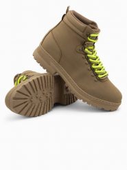Zimowe buty męskie trekkingowe z kontrastowymi sznurówkami - brązowe V2 - Rozmiar: 45. Brązowe buty trekkingowe męskie Ombre Clothing, na zimę, bez wzorów, z materiału, bez zapięcia. W wyprzedaży za 99.99 zł.