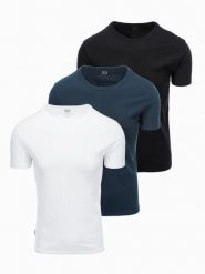 Zestaw męskich t-shirtów bawełnianych BASIC z okrągłym dekoltem – czarny/biały/granatowy V1 OM-TSBS-0232 - XXL. Białe t-shirty męskie Ombre Clothing, l, bez wzorów, z bawełny, bez kołnierzyka, bez ramiączek. Za 89.99 zł.