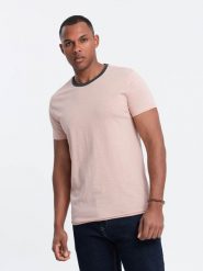 Męski t-shirt z surowym wykończeniem – różowy V5 - Rozmiar: XL. Czerwone t-shirty męskie Ombre Clothing, l, z aplikacjami, z bawełny, bez kołnierzyka, bez ramiączek. W wyprzedaży za 19.99 zł.