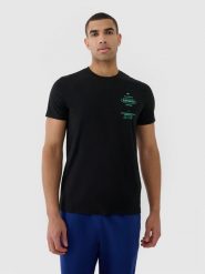 4F T-shirt regular z nadrukiem męski - czarny L. Czarne t-shirty męskie 4f, l, bez wzorów, z bawełny, bez kołnierzyka, bez ramiączek. W wyprzedaży za 49.99 zł.