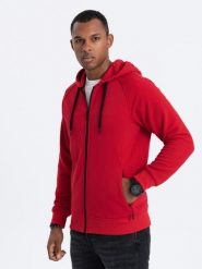 Bluza męska rozpinana z kapturem - czerwona V6 - Rozmiar: S. Czerwone bluzy z kapturem męskie Ombre Clothing, m, bez wzorów, z bawełny, z kapturem. W wyprzedaży za 59.99 zł.