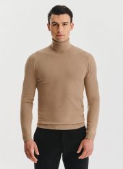 PAKO LORENTE - Beżowy gładki golf męski. Brązowe swetry męskie Pako Lorente, bez wzorów, z bawełny, bez kołnierzyka, bez ramiączek. Za 169.99 zł.