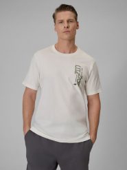 4F T-shirt regular z nadrukiem męski - beżowy S. Brązowe t-shirty męskie 4f, m, bez wzorów, z bawełny, bez kołnierzyka, bez ramiączek. Za 49.99 zł.