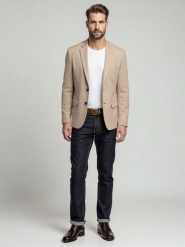 Elegancka męska marynarka SLIM FIT z rayonem – beżowa V2 - Rozmiar: S. Brązowe marynarki męskie Ombre Clothing, m, bez wzorów, z materiału. W wyprzedaży za 449.99 zł.
