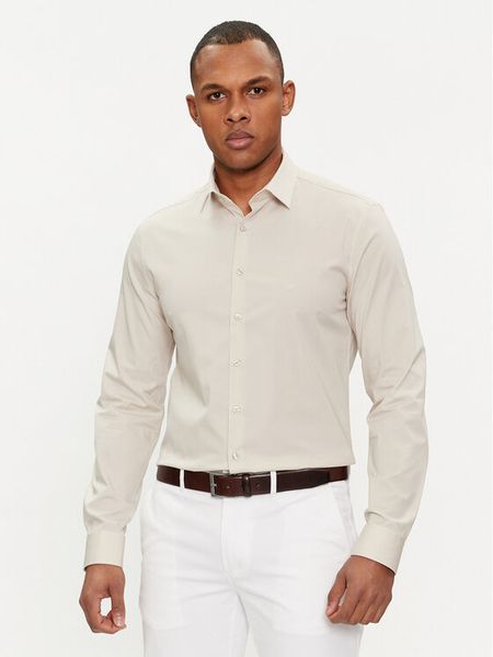 Calvin Klein Koszula K10K108229 Beżowy Slim Fit. Brązowe koszule męskie Calvin Klein, m, bez wzorów, z bawełny, bez kołnierzyka, bez ramiączek. Za 199.99 zł.
