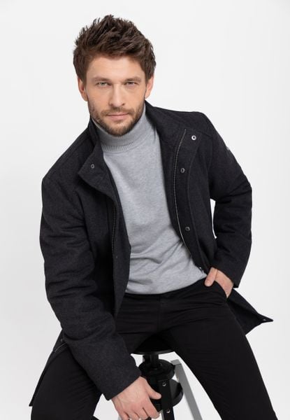 Płaszcz męski z wełną J-WELL. Szare płaszcze męskie Volcano, na zimę, l, bez wzorów, z materiału, eleganckie, bez kaptura. Za 439.99 zł.