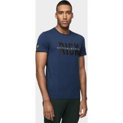 T-shirt męski TSM008 - ciemny granat melanż. Szare t-shirty męskie 4f, bez wzorów, bez kołnierzyka, bez ramiączek. W wyprzedaży za 49.99 zł.