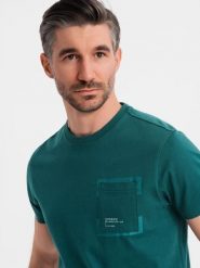 Bawełniany męski t-shirt z nadrukiem na kieszonce – ciemnozielony V5 OM-TSPT-0154 - XXL. Zielone t-shirty męskie Ombre Clothing, l, bez wzorów, z bawełny, bez kołnierzyka, bez ramiączek. Za 89.99 zł.