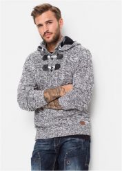 Gruby sweter z kapturem z bawełną. Czarne swetry męskie bonprix, z aplikacjami, z bawełny, bez kołnierzyka, bez ramiączek. Za 169.99 zł.
