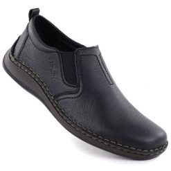 Skórzane półbuty męskie wsuwane czarne Rieker 05264-00. Czarne codzienne półbuty męskie Rieker, bez wzorów, ze skóry, bez obcasa, bez zapięcia. Za 339.00 zł.