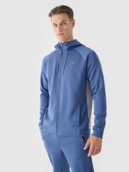4F Bluza treningowa rozpinana z kapturem męska - niebieska L. Niebieskie bluzy z kapturem męskie 4f, l, bez wzorów, z dzianiny, z kapturem. W wyprzedaży za 99.99 zł.