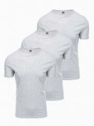 Zestaw koszulek bawełnianych BASIC 3-pak - szary melanż V16 - Rozmiar: XXL. Szare t-shirty męskie Ombre Clothing, m, bez wzorów, z bawełny, bez kołnierzyka, bez ramiączek. W wyprzedaży za 82.49 zł.