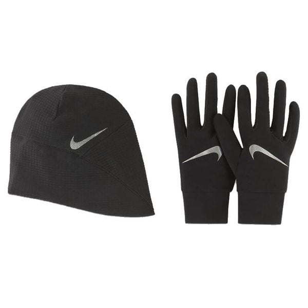 Komplet męski do biegania czapka i rękawiczki Nike Men's Hat and Glove Set. Czarne czapki męskie Nike, bez wzorów, sportowe. Za 269.99 zł.