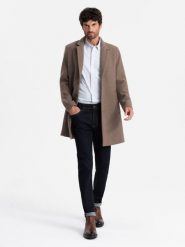 Elegancki jednorzędowy męski płaszcz z wełną – brązowy V1 OM-COWC-0114 - XXL. Brązowe płaszcze męskie Ombre Clothing, na zimę, l, bez wzorów, z poliesteru, eleganckie, bez kaptura. Za 371.99 zł.