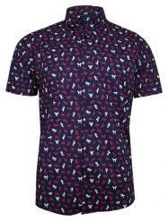 Granatowa Koszula Męska, Taliowana -TO-ON- Krótki Rękaw, Slim Fit, w Biało-Czerwone Konie, Zwierzęca. Czerwone koszule męskie TO-ON, m, bez wzorów, z bawełny, bez kołnierzyka, bez ramiączek. Za 109.00 zł.