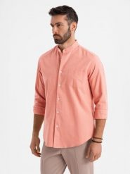 Męska koszula lniana ze stójką i kieszenią REGULAR FIT – brzoskwiniowa V1 - Rozmiar: XL. Pomarańczowe koszule męskie Ombre Clothing, na lato, l, bez wzorów, z bawełny, bez kołnierzyka, bez ramiączek. W wyprzedaży za 164.99 zł.