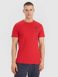 4F T-shirt regular z nadrukiem męski - czerwony M. Czerwone t-shirty sportowe męskie 4f, m, bez wzorów, z bawełny, klasyczne, bez ramiączek. W wyprzedaży za 39.99 zł.