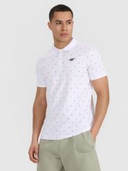 4F Koszulka polo regular z nadrukiem męska - biała S. Białe koszulki polo męskie 4f, m, bez wzorów, z bawełny, eleganckie, bez kołnierzyka, bez ramiączek. Za 89.99 zł.