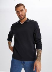 Koszulka polo z długim rękawem, z czystej bawełny organicznej. Czarne koszulki polo męskie bonprix, l, bez wzorów, z bawełny, bez kołnierzyka, bez ramiączek. Za 79.99 zł.