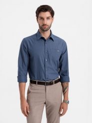 Bawełniana męska koszula z kieszenią REGULAR FIT - niebieska V3 - Rozmiar: L. Niebieskie koszule męskie Ombre Clothing, l, bez wzorów, z bawełny, bez kołnierzyka, bez ramiączek. W wyprzedaży za 79.99 zł.