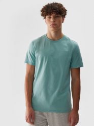 4F T-shirt regular z nadrukiem męski - turkusowy S. Niebieskie t-shirty męskie 4f, m, bez wzorów, z bawełny, bez kołnierzyka, bez ramiączek. W wyprzedaży za 39.99 zł.