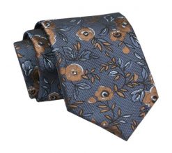 Elegancki, Klasyczny, Męski Krawat -ALTIES - Niebieski z Motywem Beżowobrązowych Kwiatów. Niebieskie krawaty i muchy męskie Alties, bez wzorów, z tkaniny, eleganckie. Za 49.00 zł.